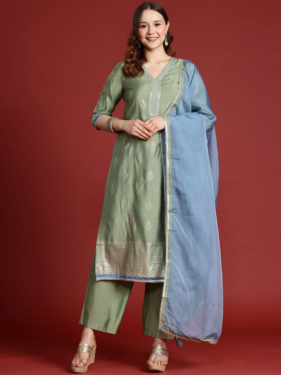 Anouk Printed Thread Work Kurta with Palazzos &  Dupatta