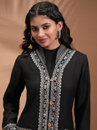 Vishudh Black Floral Embroidered Spread Collar Longline Tailored Jacket