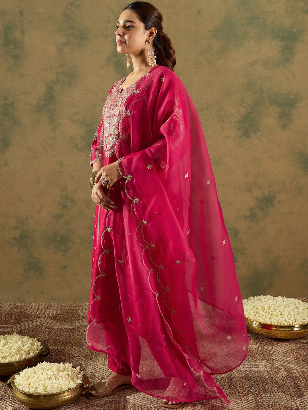Indo Era Ethnic Motifs Embroidered Panelled A-Line Kurta with Trousers & Dupatta