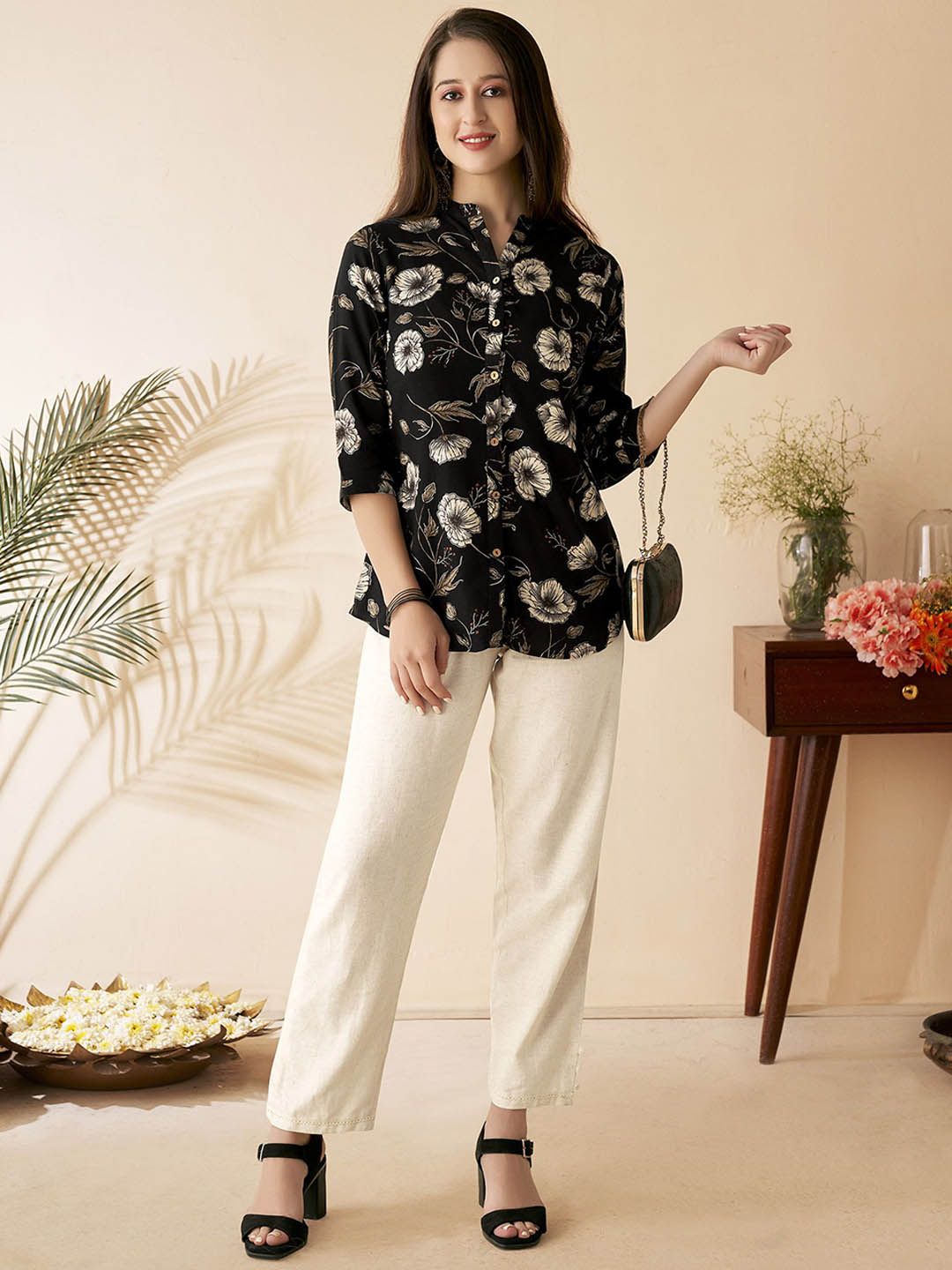 Anouk Floral Printed Mandarin Collar Short Kurti