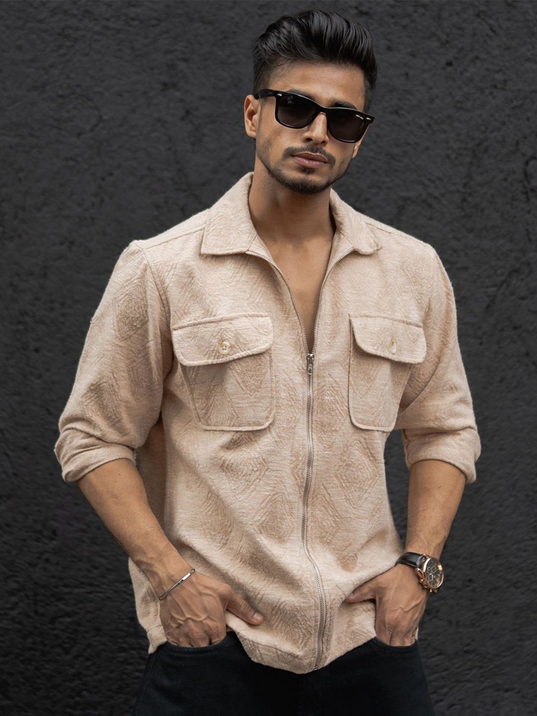 Powerlook Men Spread Collar Textured Cotton Casual Shirt