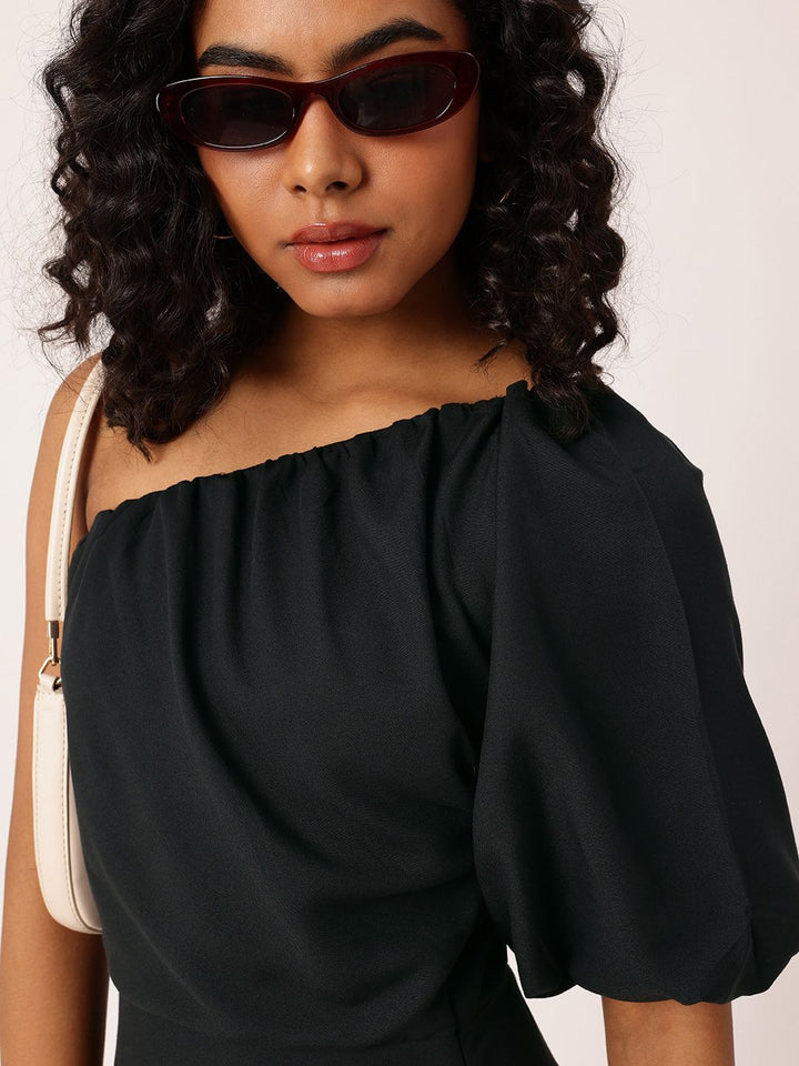DressBerry Cutesy Classic One Shoulder Gathers Puff Sleeve Mini A-Line Dress