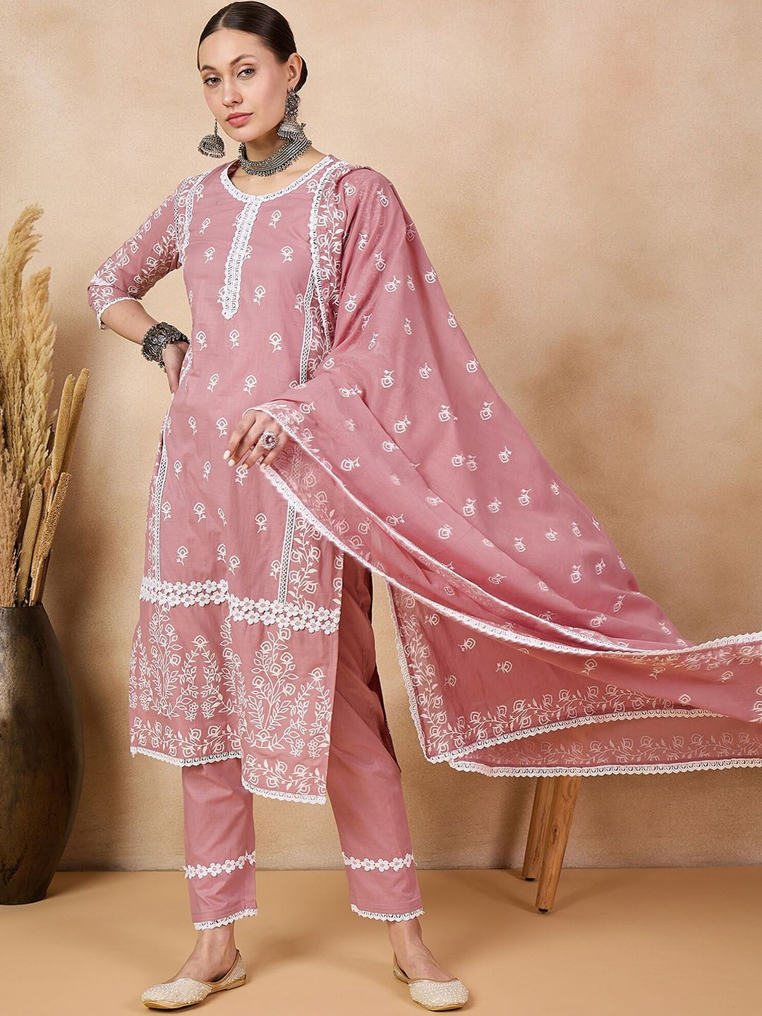 Anouk Floral Printed Round Neck Three-Quarter Sleeves Pure Cotton Kurta St