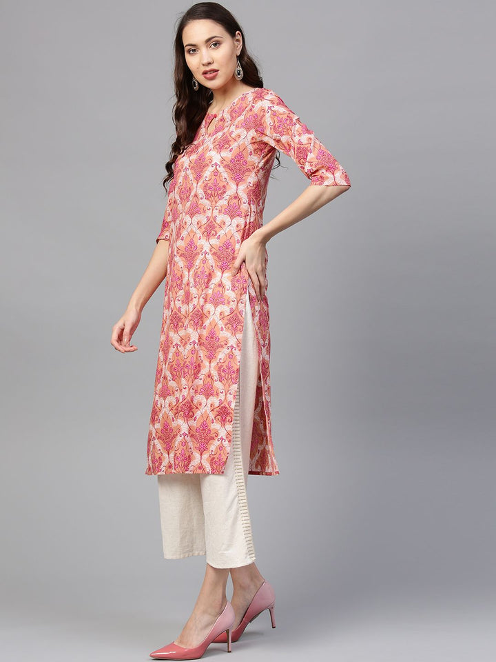 SOJANYA Women Peach-Coloured & Pink Printed Straight Kurta