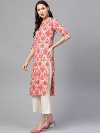 SOJANYA Women Peach-Coloured & Pink Printed Straight Kurta
