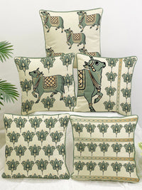 STITCHNEST Cream & Olive Green Set of 5 Ethnic Motifs Velvet Square Cushion Covers