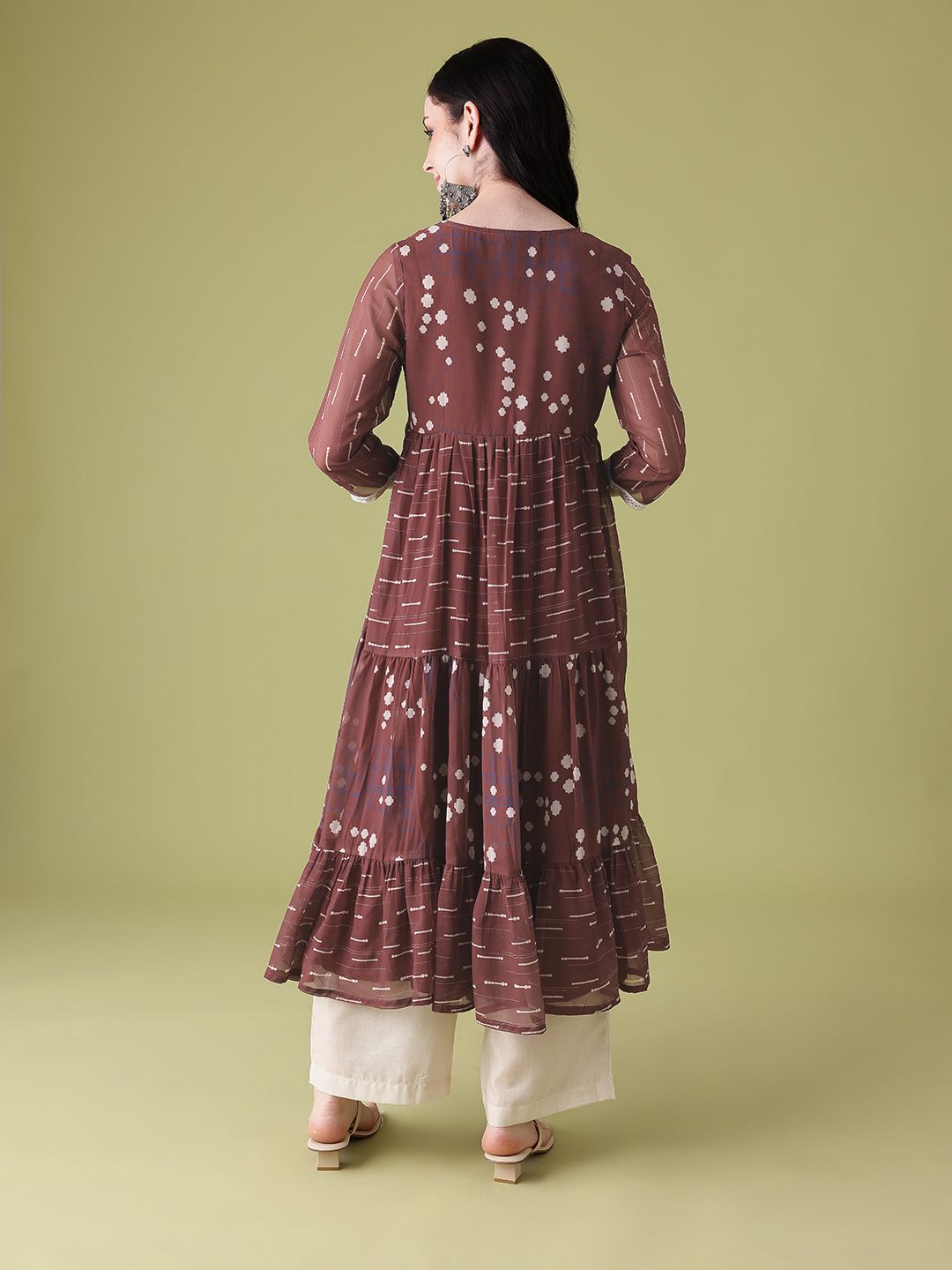 Anouk Ethnic Motifs Print Lace Insert Tiered A-Line Kurta