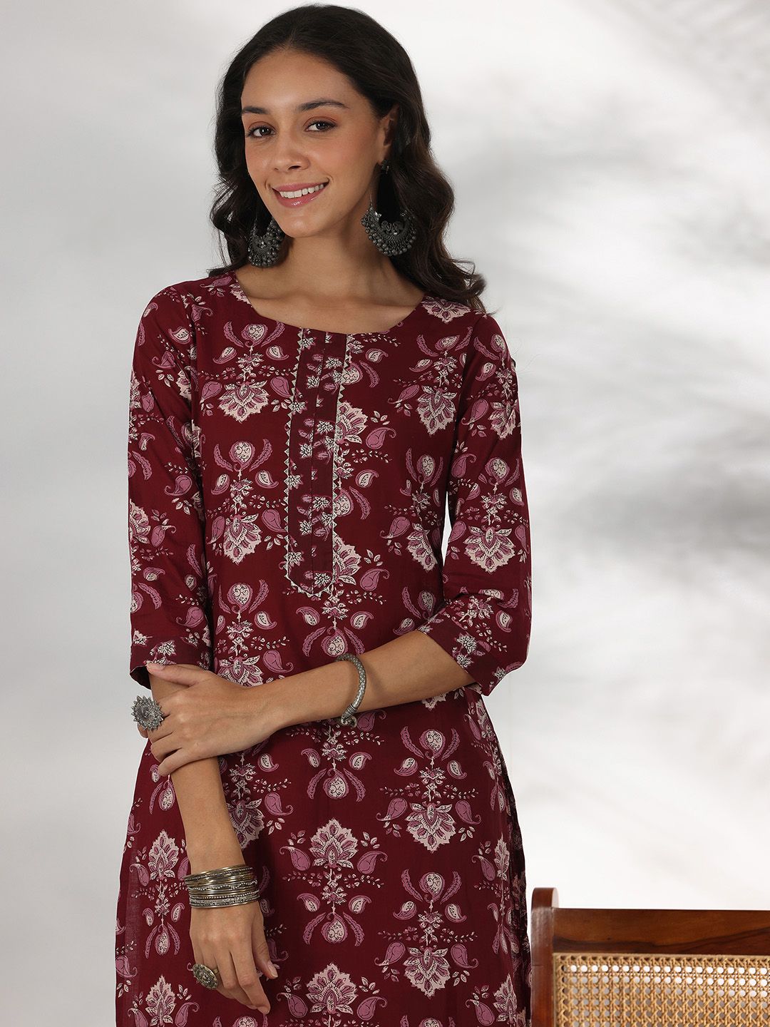 Libas Floral Printed Gotta Patti Pure Cotton Straight Kurta with Trouser & Dupatta