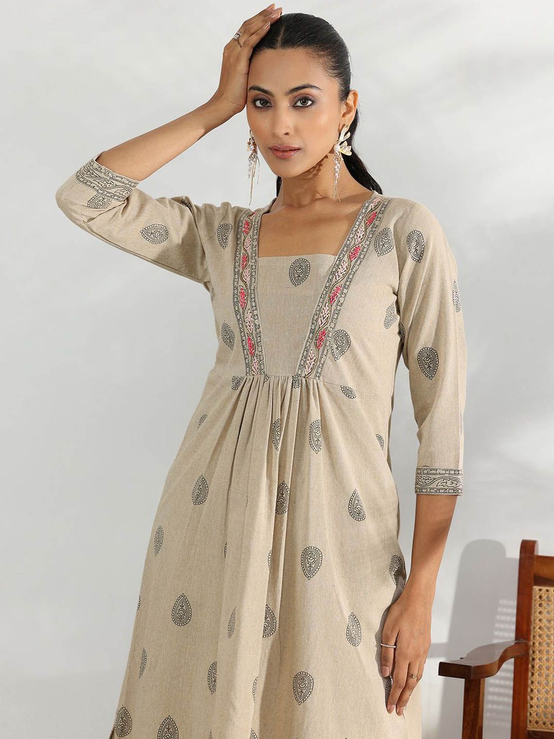 Libas Beige and Black Ethnic Motifs Printed Pleated Sequinned A-Line Kurta with Trousers