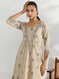 Libas Beige and Black Ethnic Motifs Printed Pleated Sequinned A-Line Kurta with Trousers
