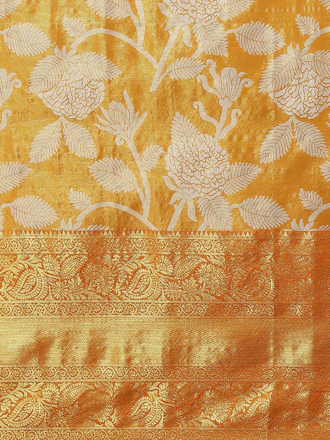 Silk Land Orange Floral Zari Ikat Saree