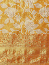Silk Land Orange Floral Zari Ikat Saree