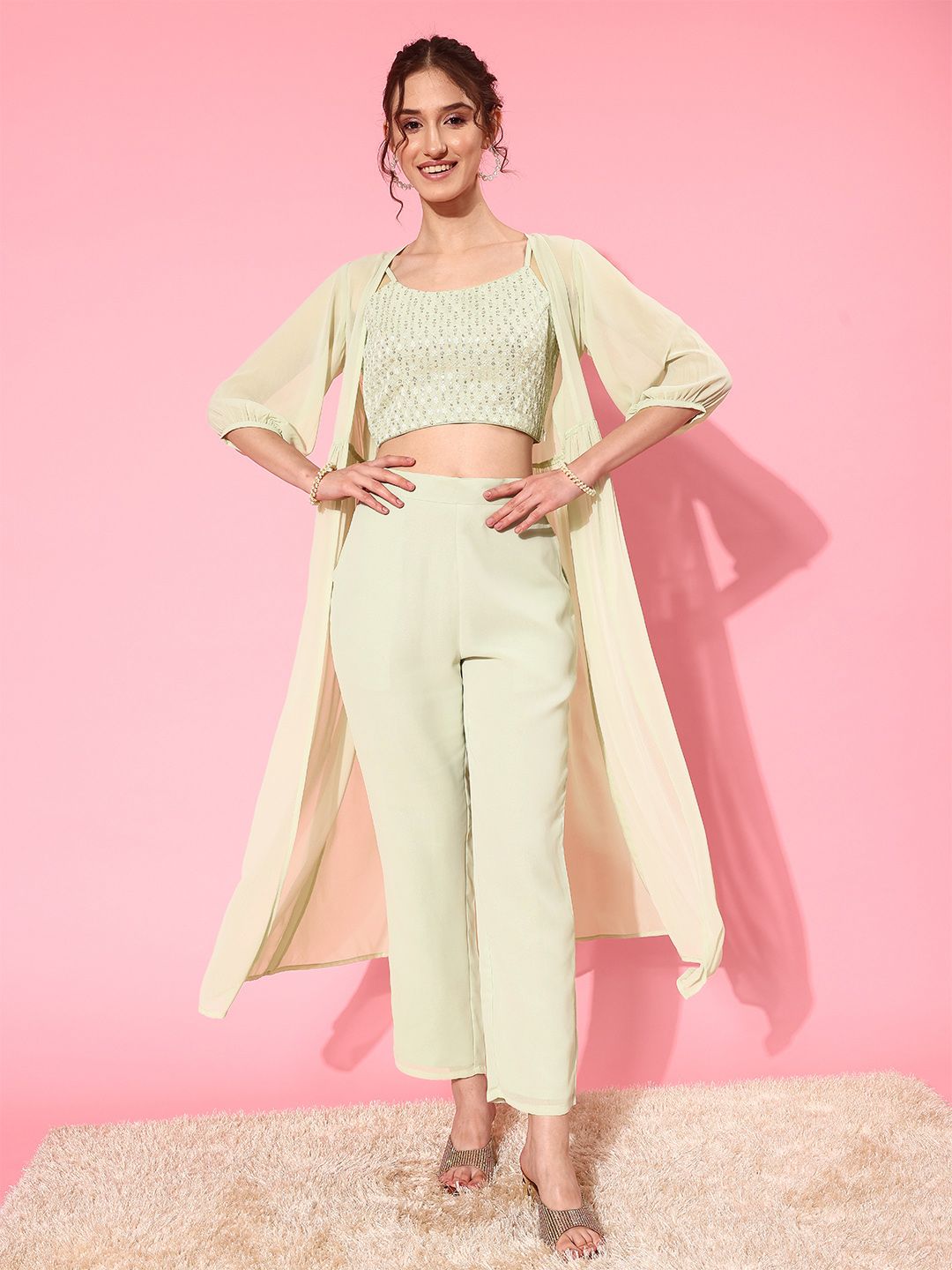 Libas Green Crop Top With Trousers & Shrug
