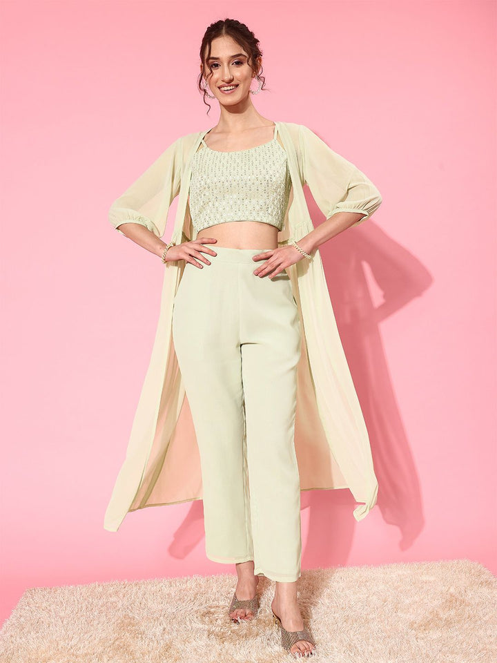 Libas Green Crop Top With Trousers & Shrug