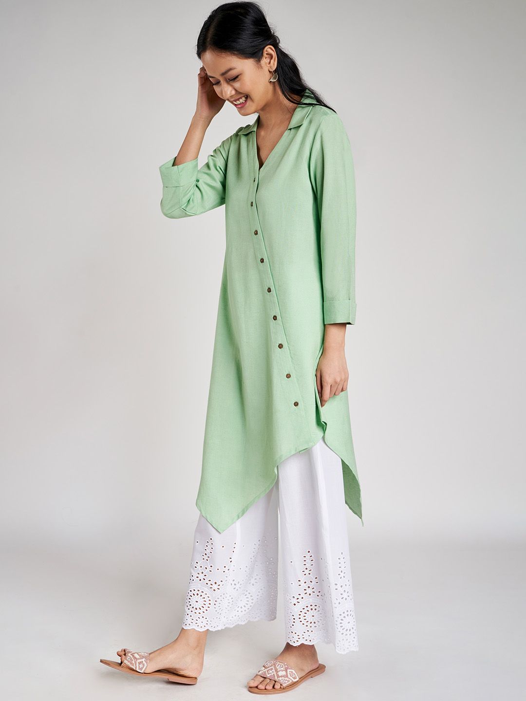 Global Desi Women Green Solid Ecovero Asymmetric Tunic