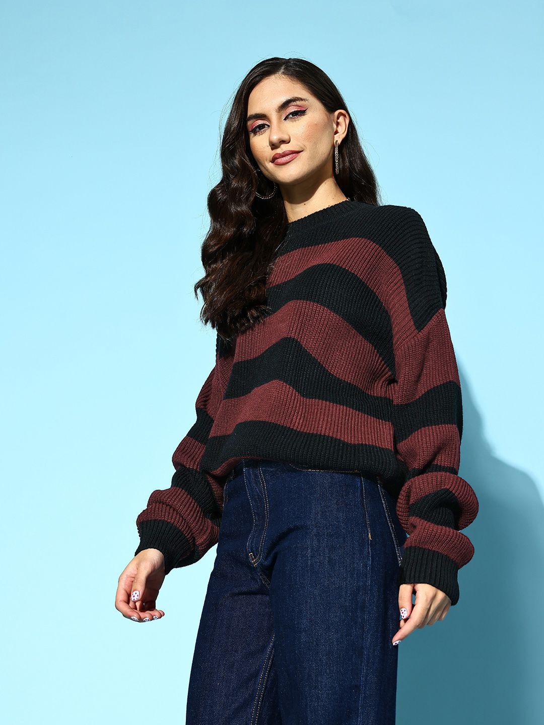 Berrylush Women Classy Black Striped Knits Bits Sweater
