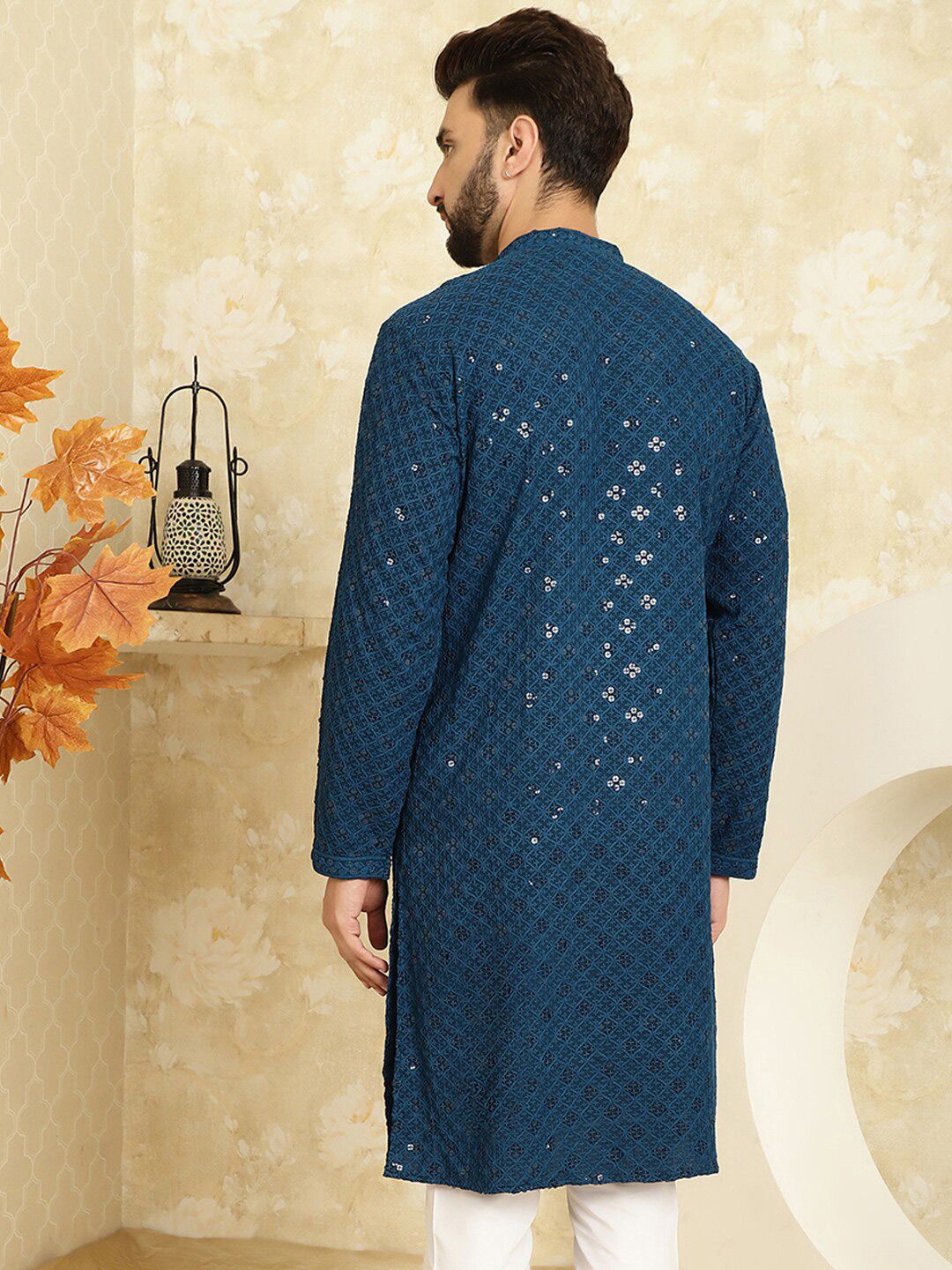 SOJANYA Motif Etnik Bersulam Labuci Lengan Panjang Kurta Kapas Tulen Lurus