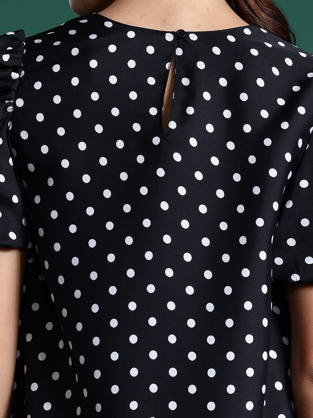 DressBerry Polka Dots Print Puff Sleeves A-Line Dress