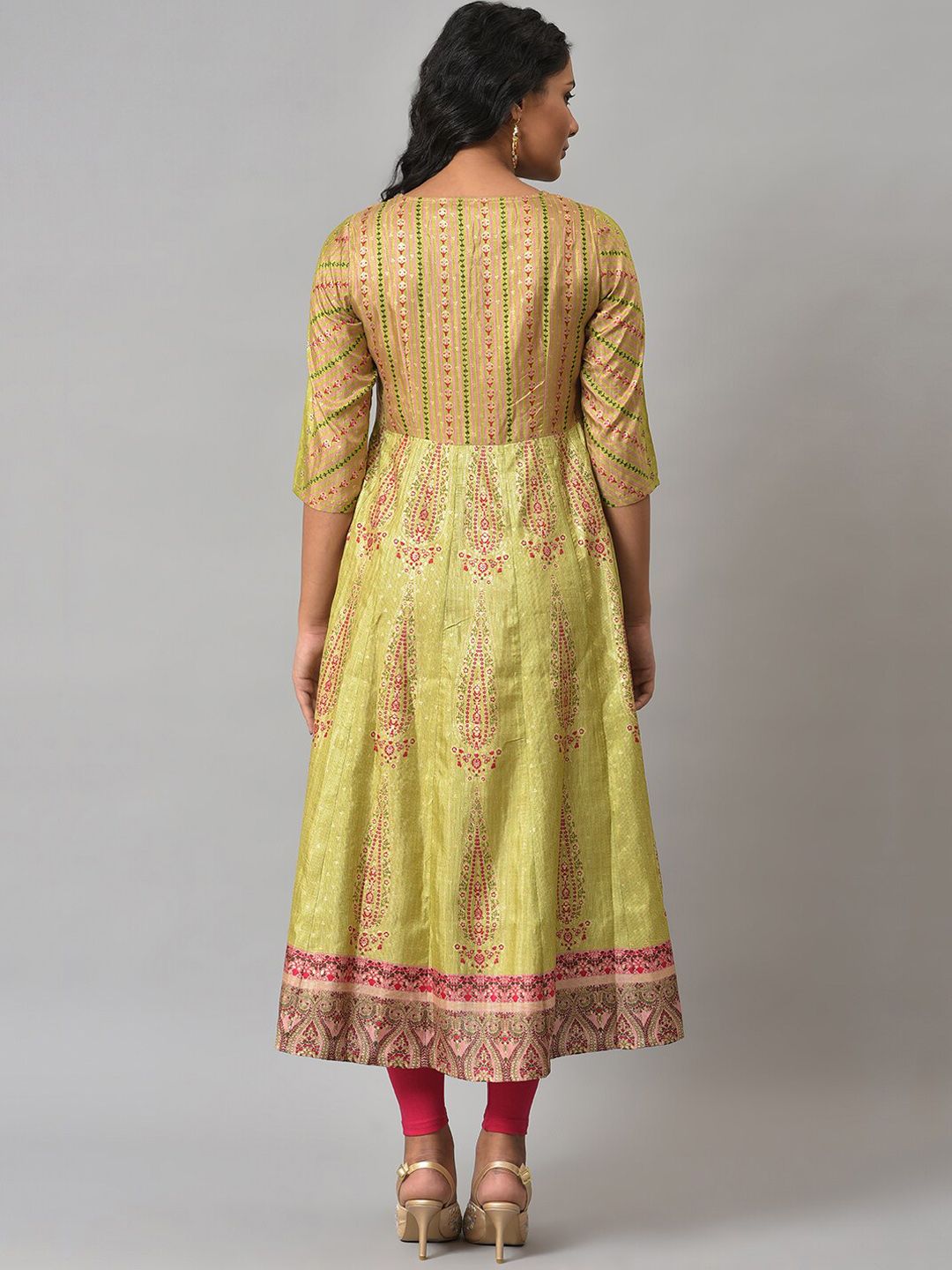 W Women Festive Floral Print Karnataka Silk Anarkali Kurta With Leggings