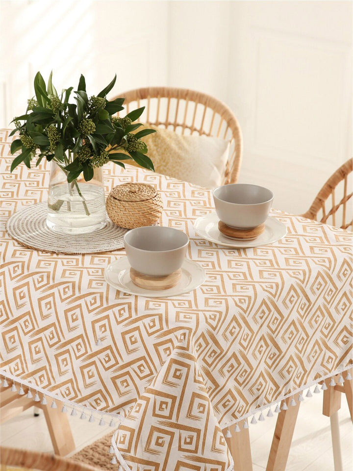 URBAN SPACE Taupe & White Printed Pure Cotton 4-Seater Table Cover