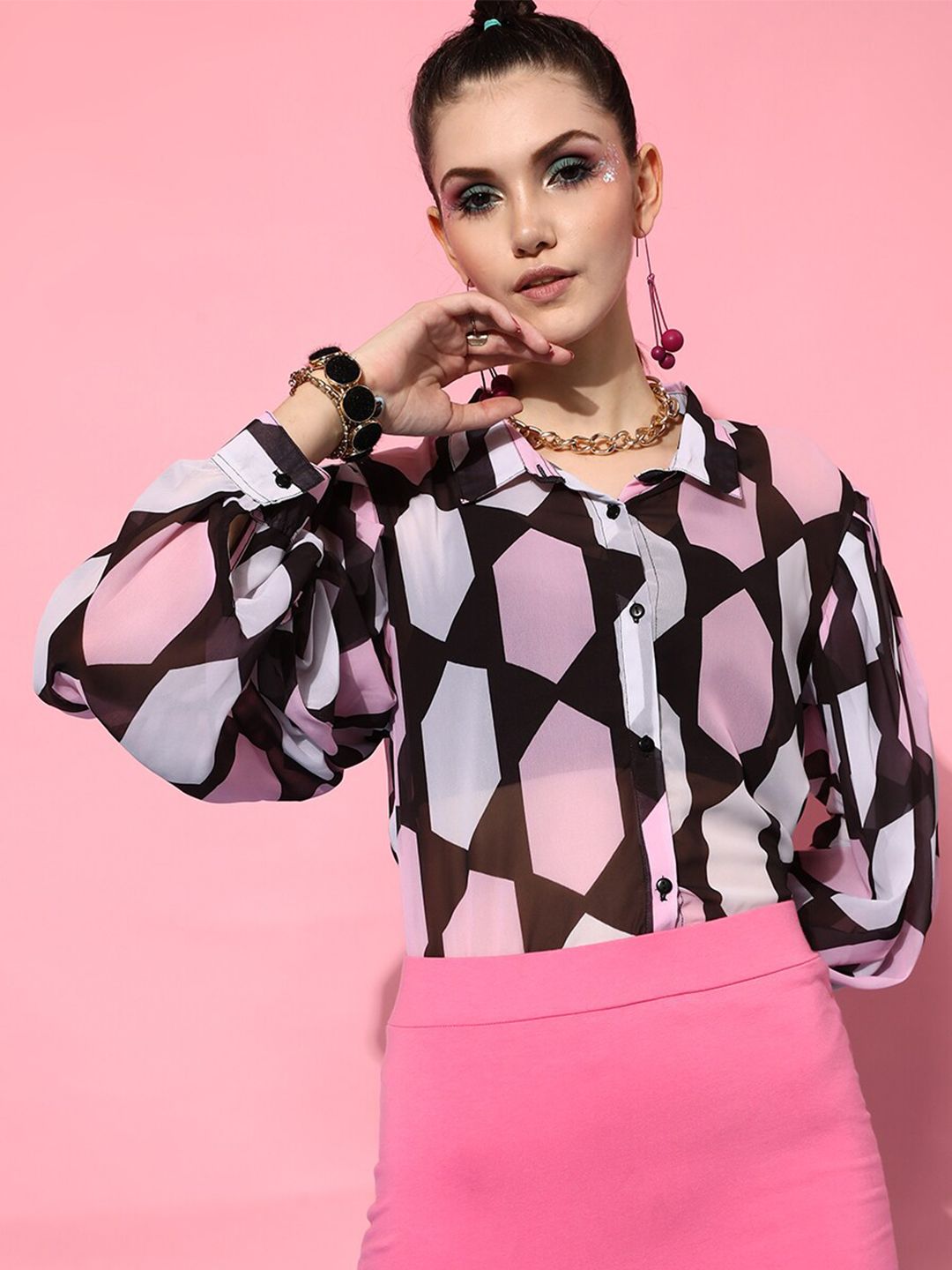 STREET 9 Women Black & Pink Sheer Geometric Printed Casual Shirt