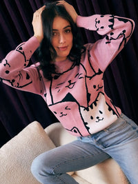 Berrylush Pink Graphic Printed Acrylic Pullover