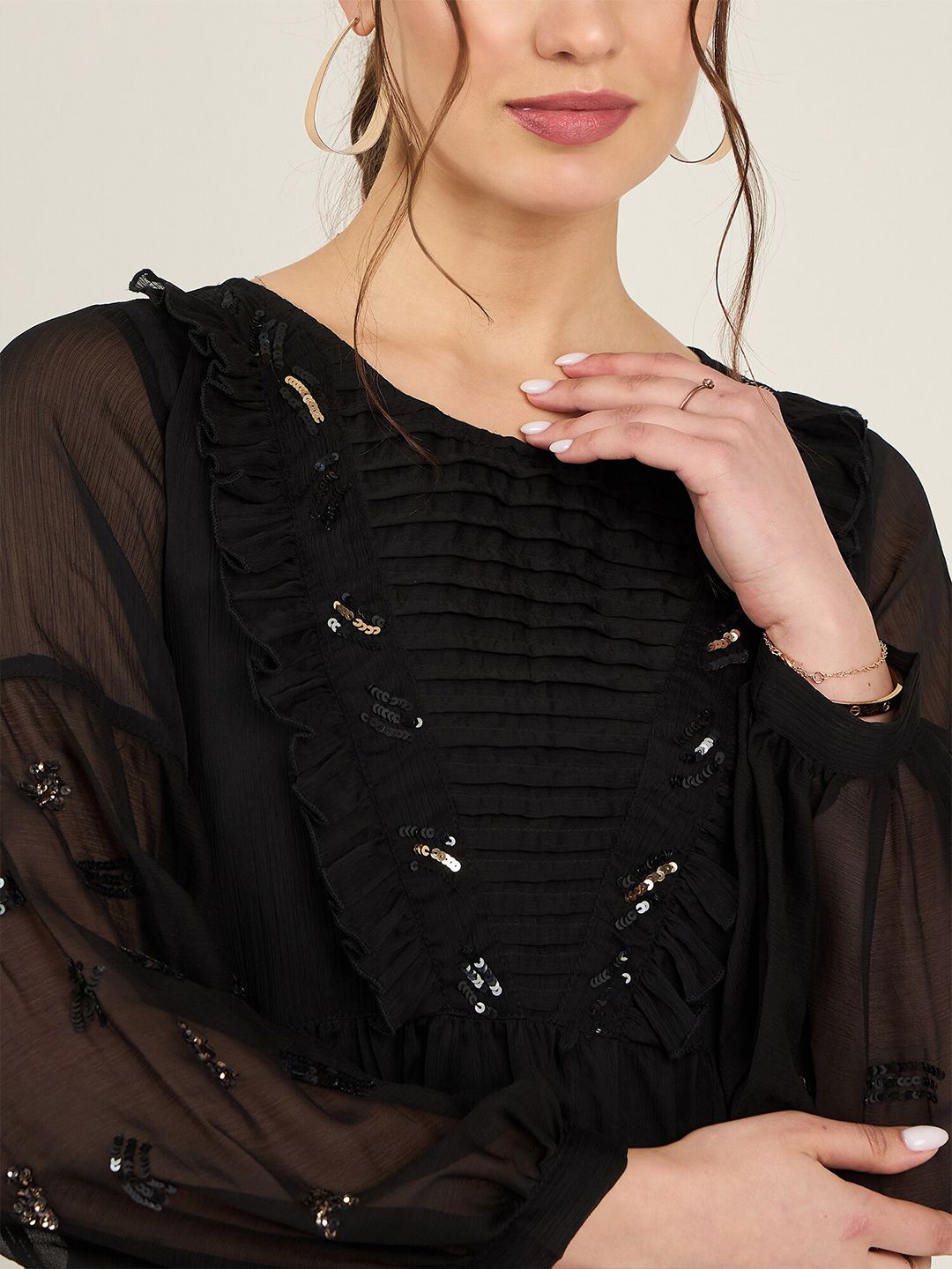 Antheaa Sequined Cuffed Sleeves A-Line Top with Pleated Detail