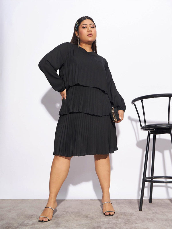 SASSAFRAS Curve Plus Size Accordion Pleats & Tiered Cuffed Sleeves A-Line Dress