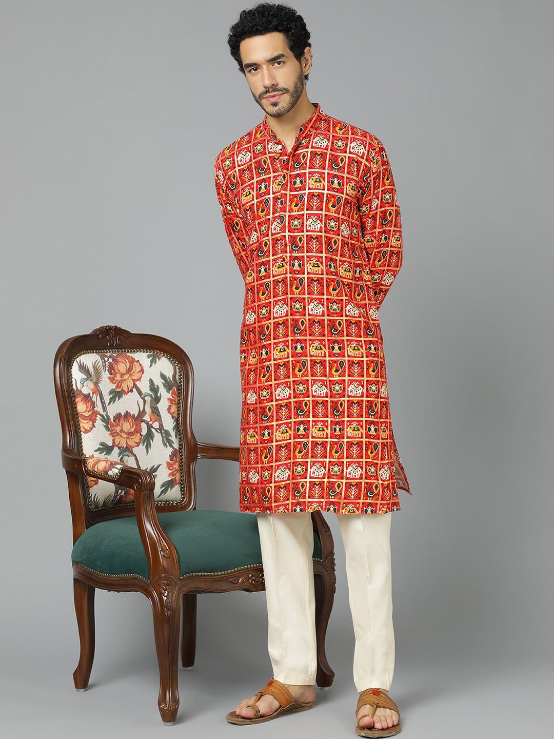 VASTRAMAY Ethnic Motifs Printed Mandarin Collar Straight Kurta