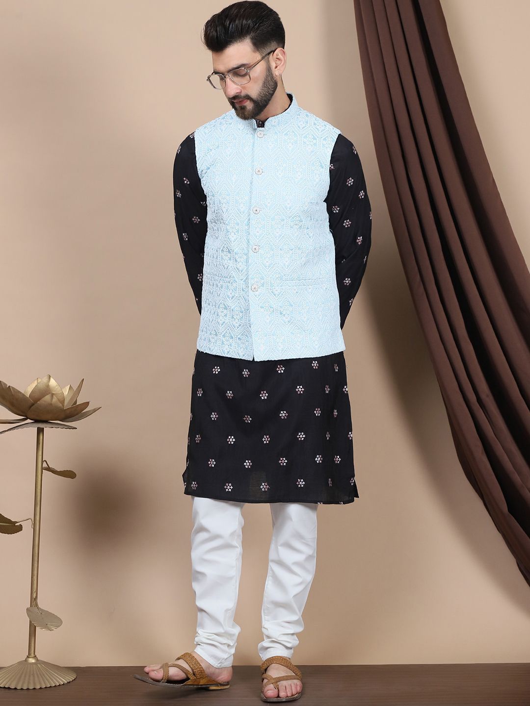 Anouk Black Floral Embroidered Straight Sequinned Kurta with Churidar