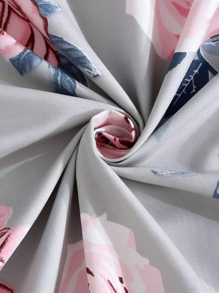 KLOTTHE Grey & Pink Floral Printed 300TC Super King Bedsheet With 2 Pillow Covers