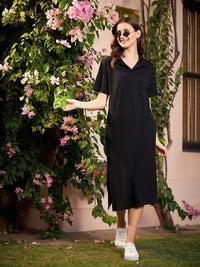 Athena Black Self Design  Shirt Collar T-Shirt Dress