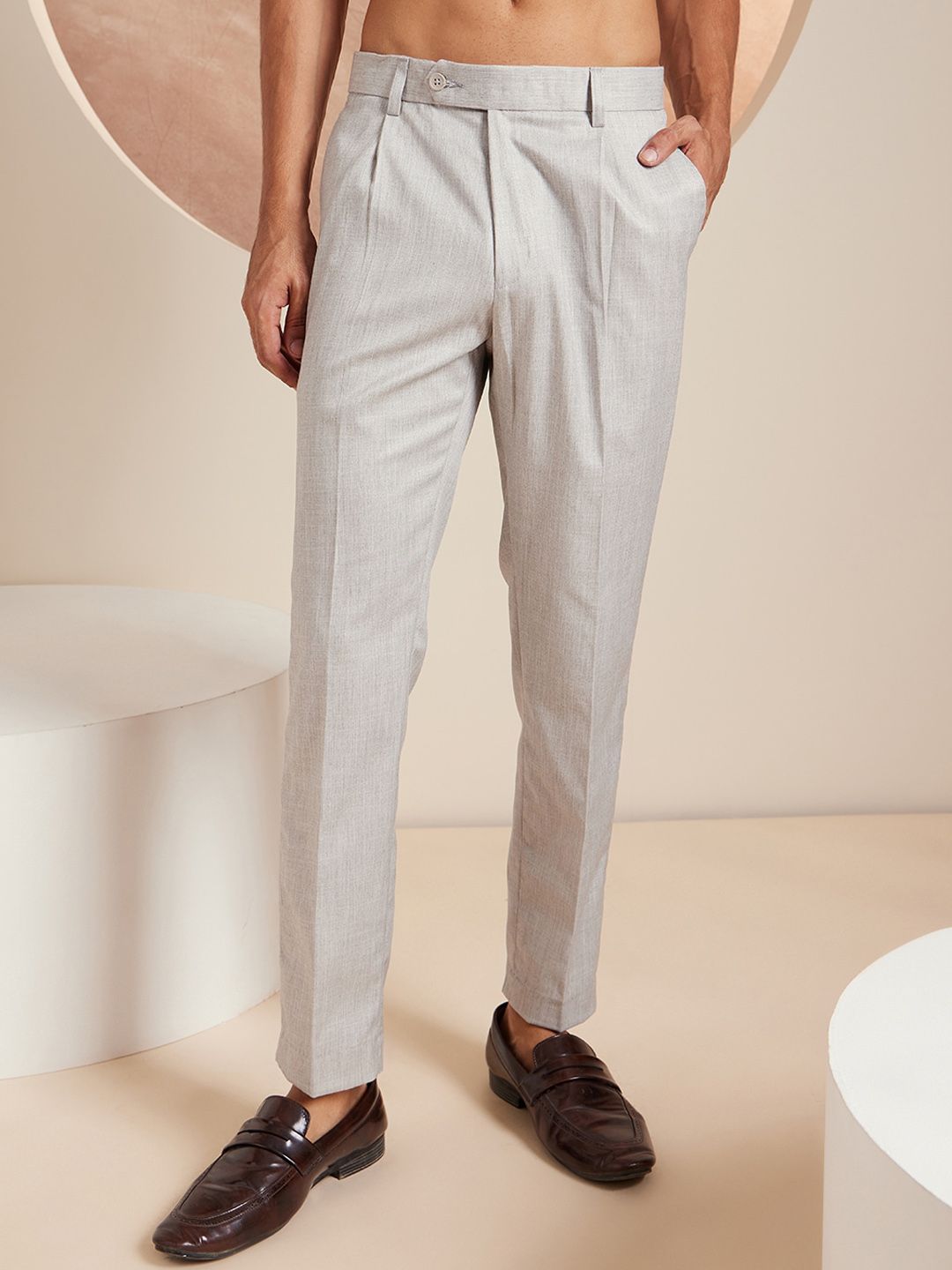 DENNISON Men Checked Smart Tapered Fit Easy Wash Pleated Formal Trousers