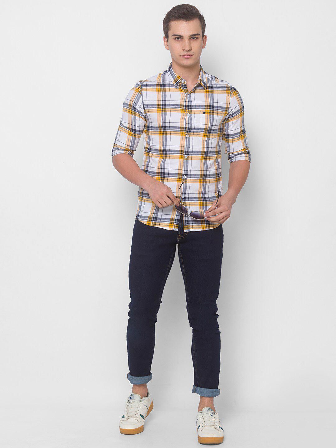 SPYKAR Men White Tartan Checks Checked Casual Shirt