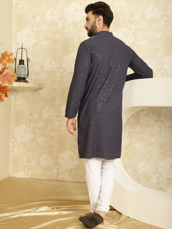 SOJANYA Kurta Lurus Bersulam Geometrik Kapas Tulen dengan Churidar