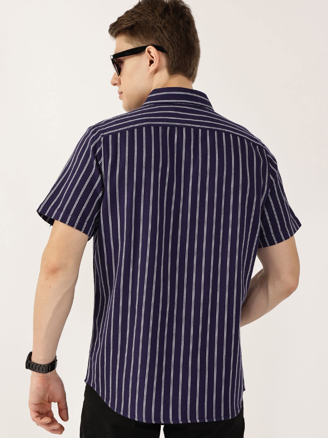 Thomas Scott Men Classic Slim Fit Spread Collar Vertical Striped Cotton Casual Shirt