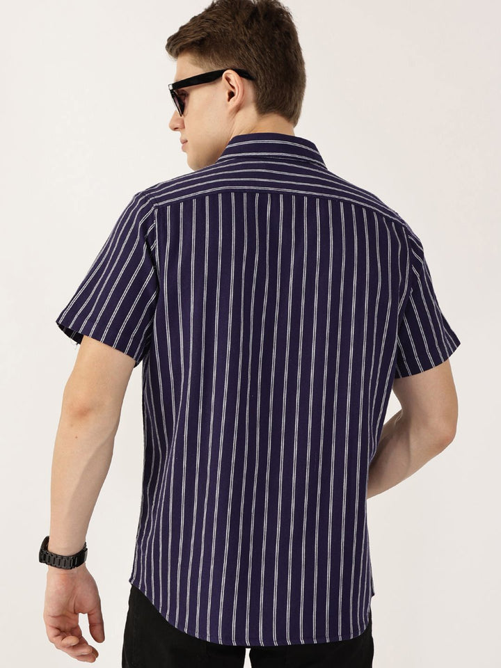 Thomas Scott Men Classic Slim Fit Spread Collar Vertical Striped Cotton Casual Shirt