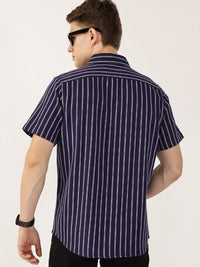 Thomas Scott Men Classic Slim Fit Spread Collar Vertical Striped Cotton Casual Shirt