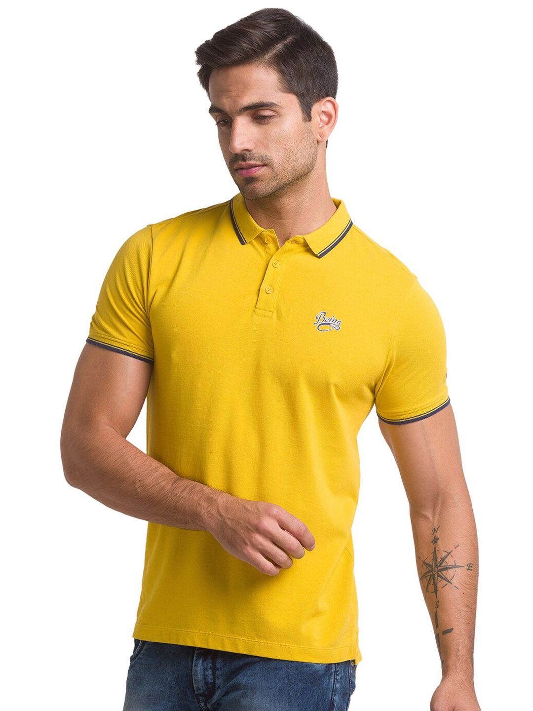 Being Human Men Yellow Solid Polo Collar T-shirt
