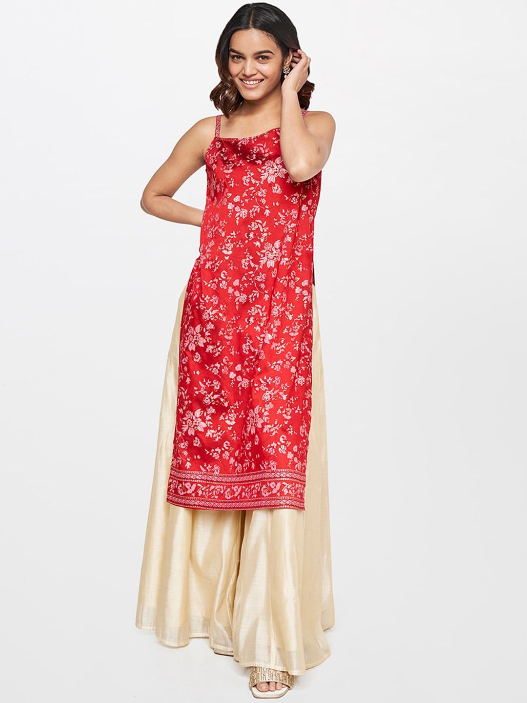 Global Desi Floral Printed Shoulder Strap Sequinned Kurta