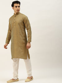 SOJANYA Men Olive Green & Blue Jacquard Ethnic Motifs Straight Kurta with Churidar