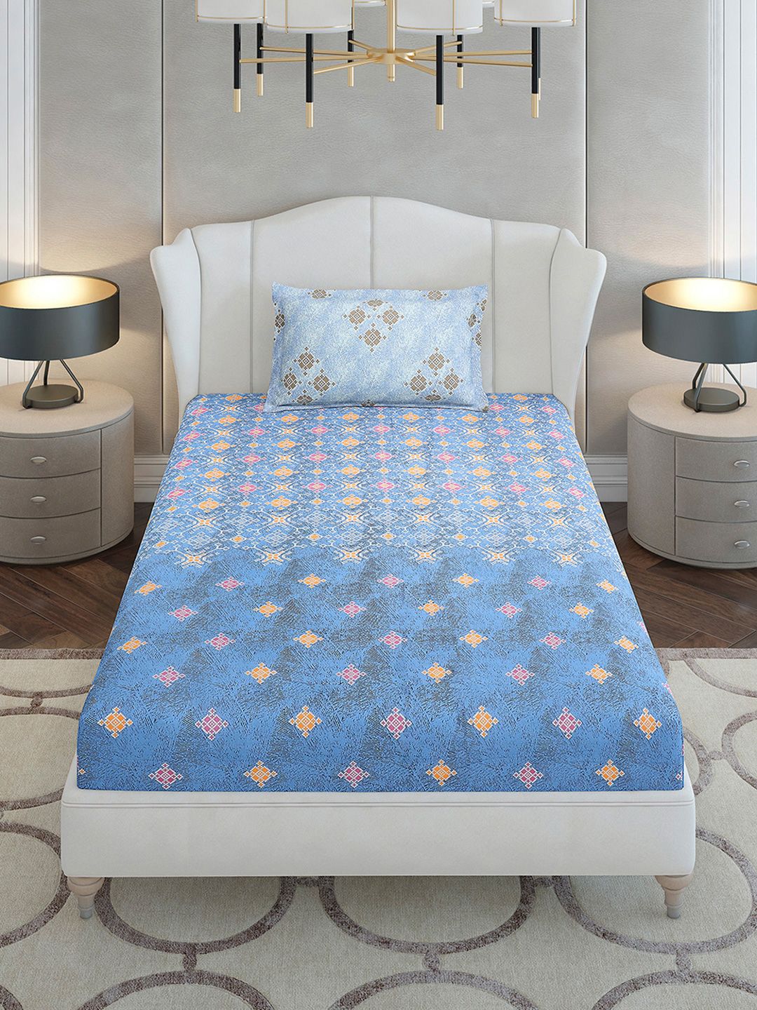 Monte Carlo Blue & White Ethnic Motifs Cotton 144 TC Single Bedsheet Set-2.29 m x 1.52 m
