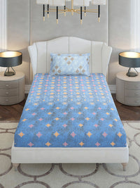 Monte Carlo Blue & White Ethnic Motifs Cotton 144 TC Single Bedsheet Set-2.29 m x 1.52 m