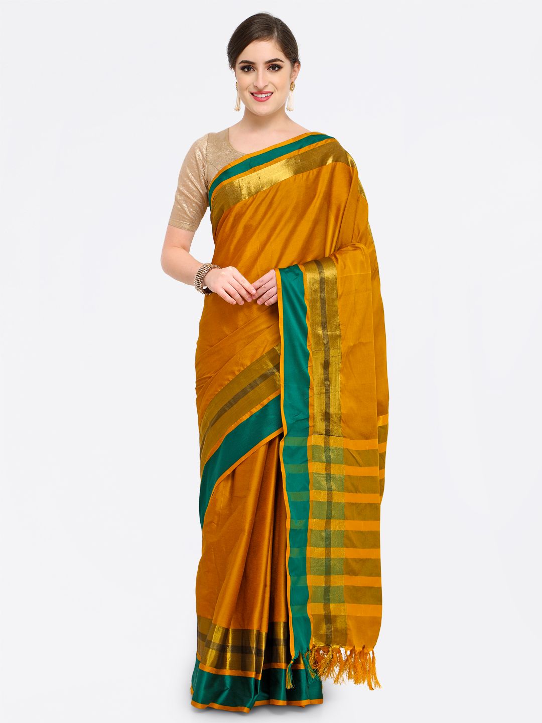 Saree mall Mustard & Green Silk Cotton Colourblocked Kanjeevaram Saree