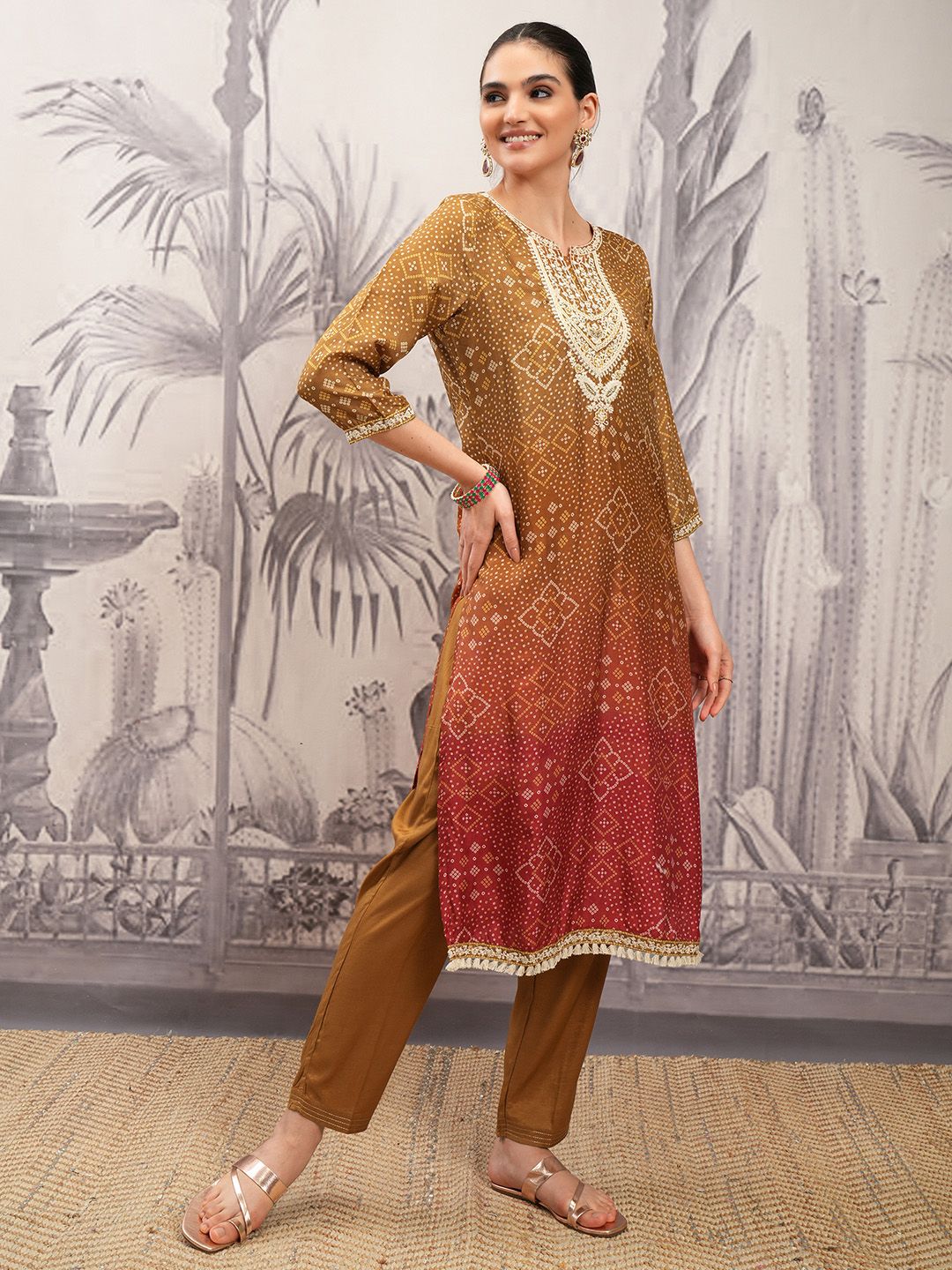 Vishudh Brown Ethnic Motifs Regular Thread Work Straight Kurta With Trousers & Dupatta