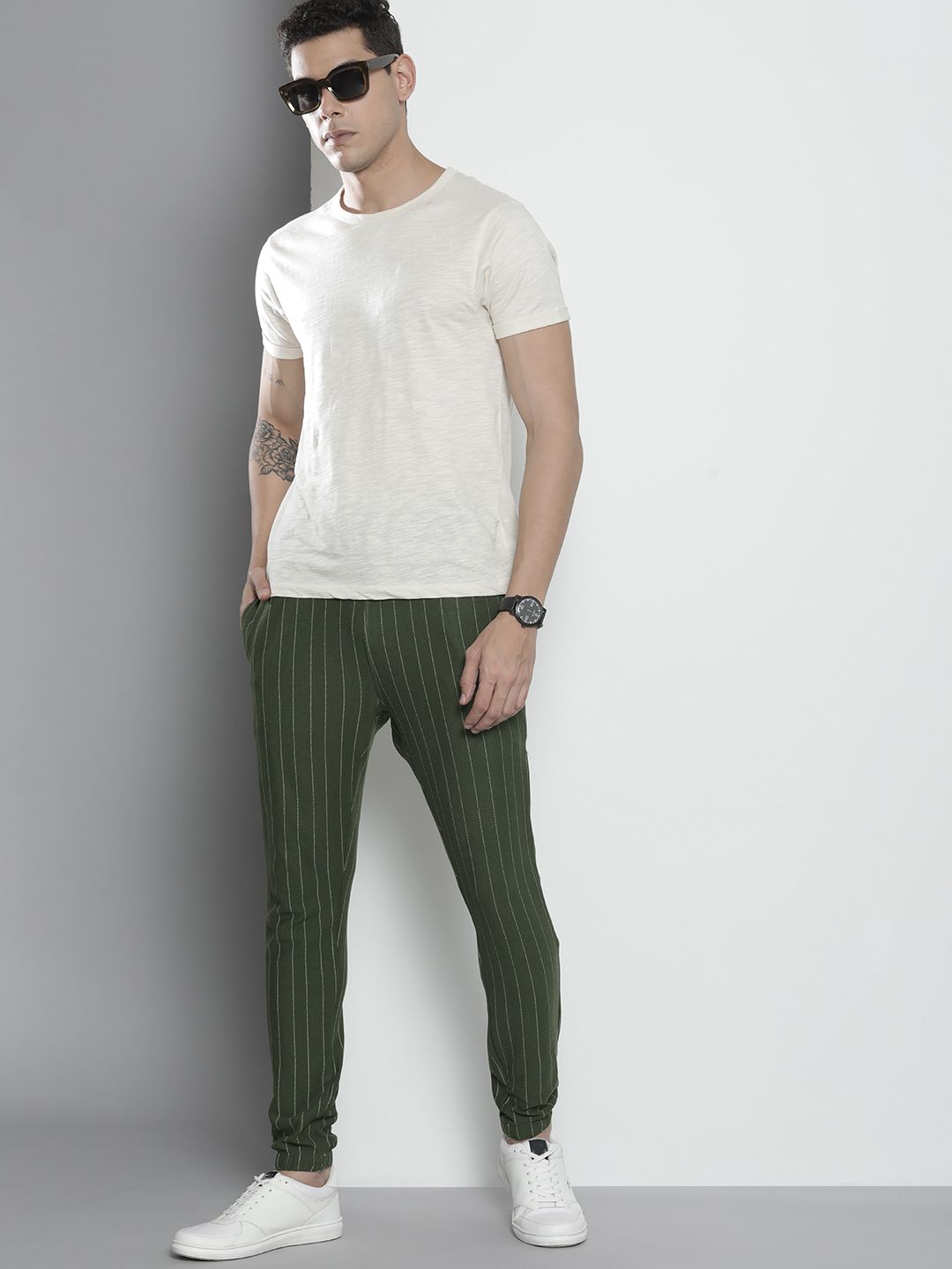 The Indian Garage Co Men Olive Striped Joggers