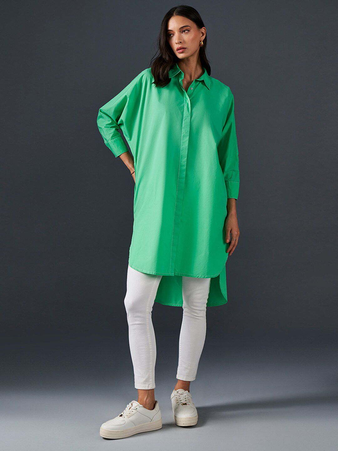 AND Spread Collar Cuff Sleeves Shirt Style Longline Cotton Top