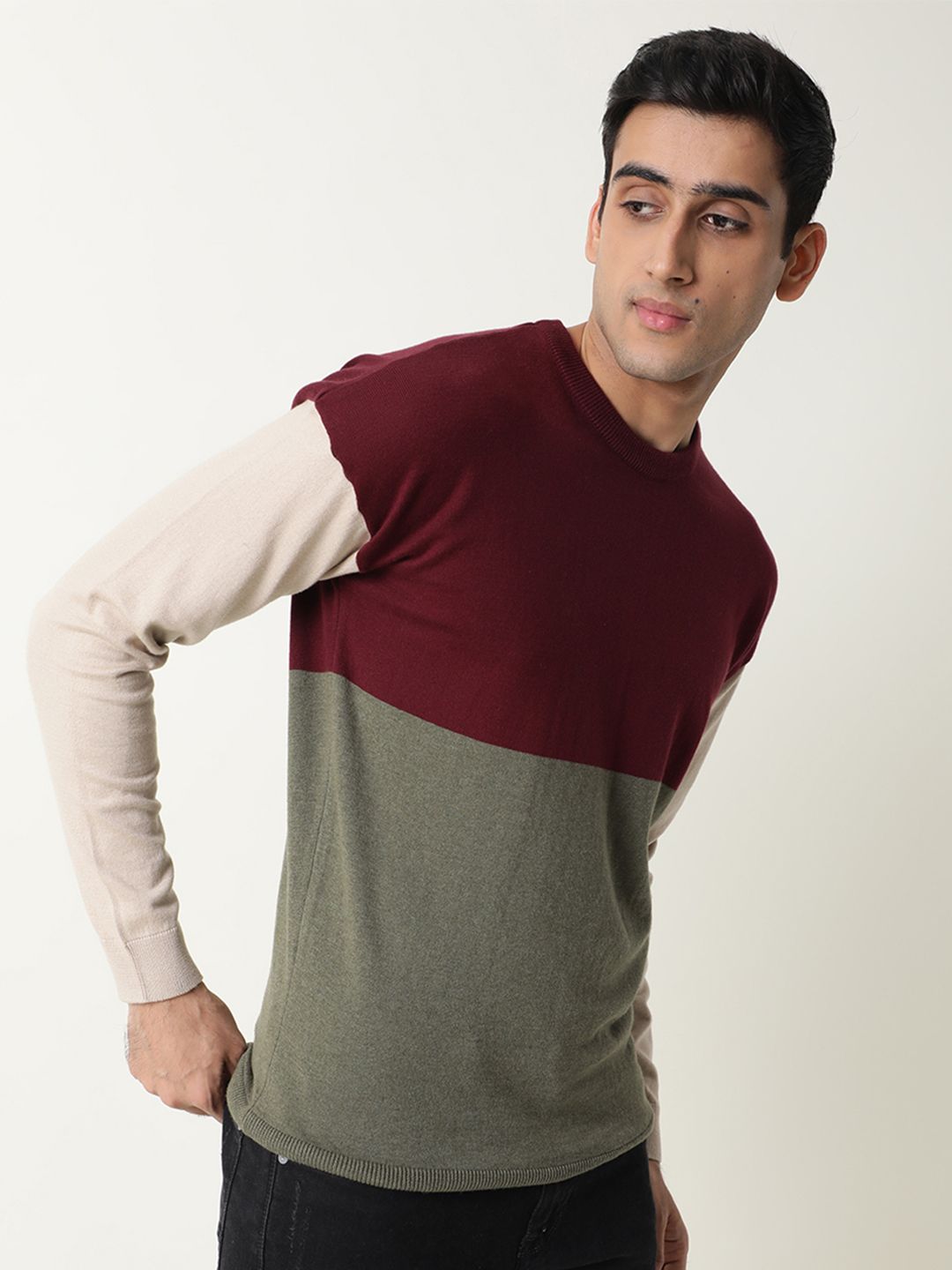 RARE RABBIT Men Tanko Slim Fit Colourblocked Pullover Sweater