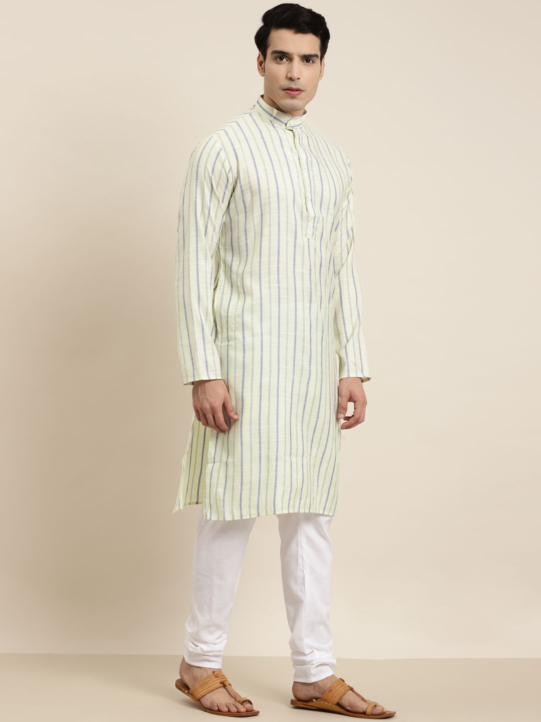 SOJANYA Kurta Belang Kapas Kuning & Biru Lelaki
