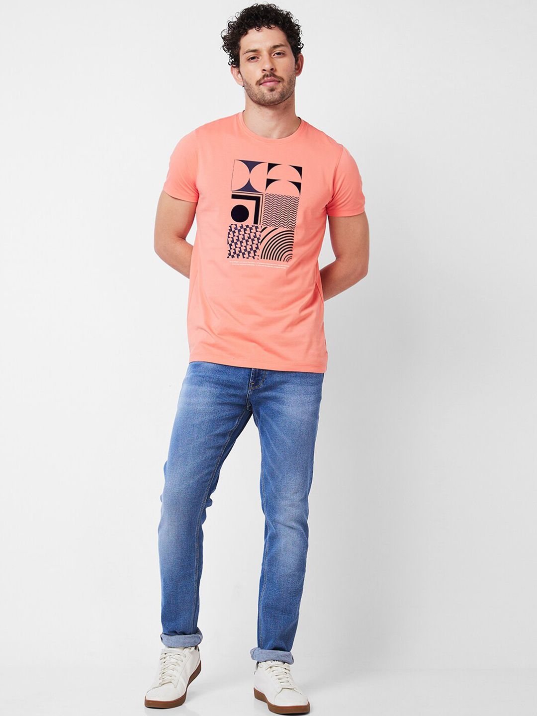 SPYKAR Graphic Printed Round Neck Cotton Slim Fit T-shirt